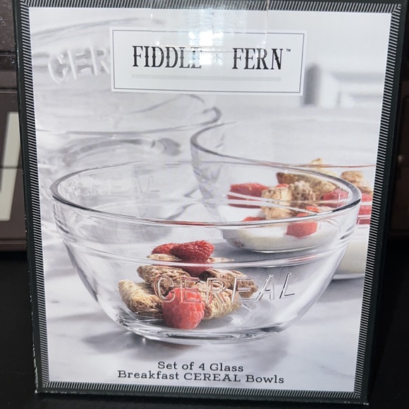 New Fiddle + Fern Set of 4 Clear Glass Breakfast “CEREAL” Bowls (Grey Box B) - Picture 3 of 7